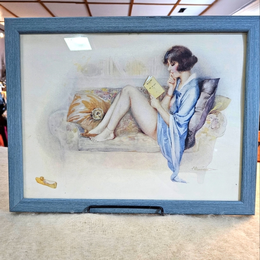 Blue Impressionistic Reclining Lady Vintage Litho